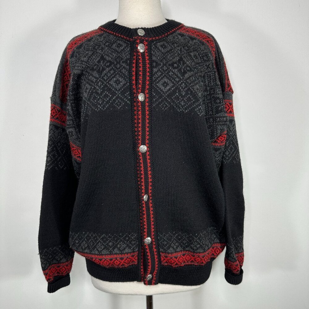 NORLENDER Knitwear Black Red Wool Knit Fair Isle Button Cardigan Sweater Size L